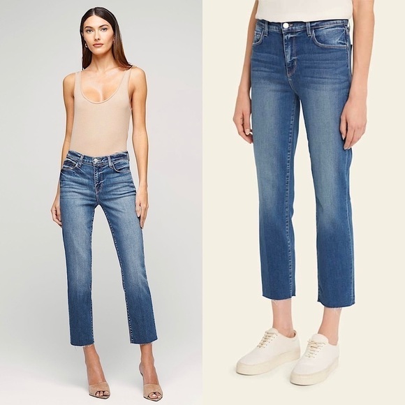NWT L'AGENCE Straight Leg Distressed Denim Ankle Crop Raw Fray Hem Slim Jeans 25 - Picture 1 of 9